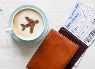 Coffee with plane outline and cheap plane tickets